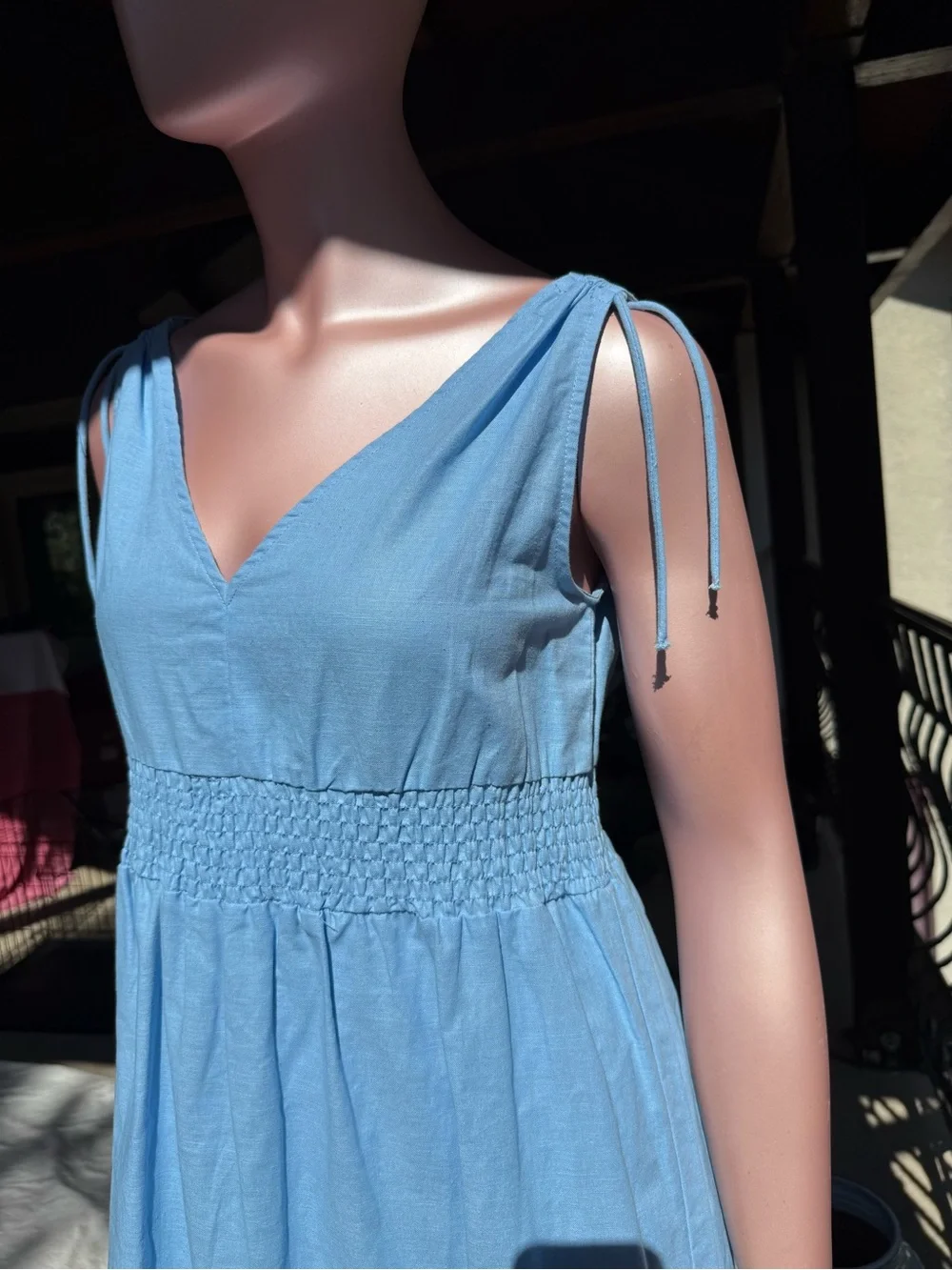 Linen summer dress Deluc. Blue smocked empire waist - Canadian sz XS S M L‎